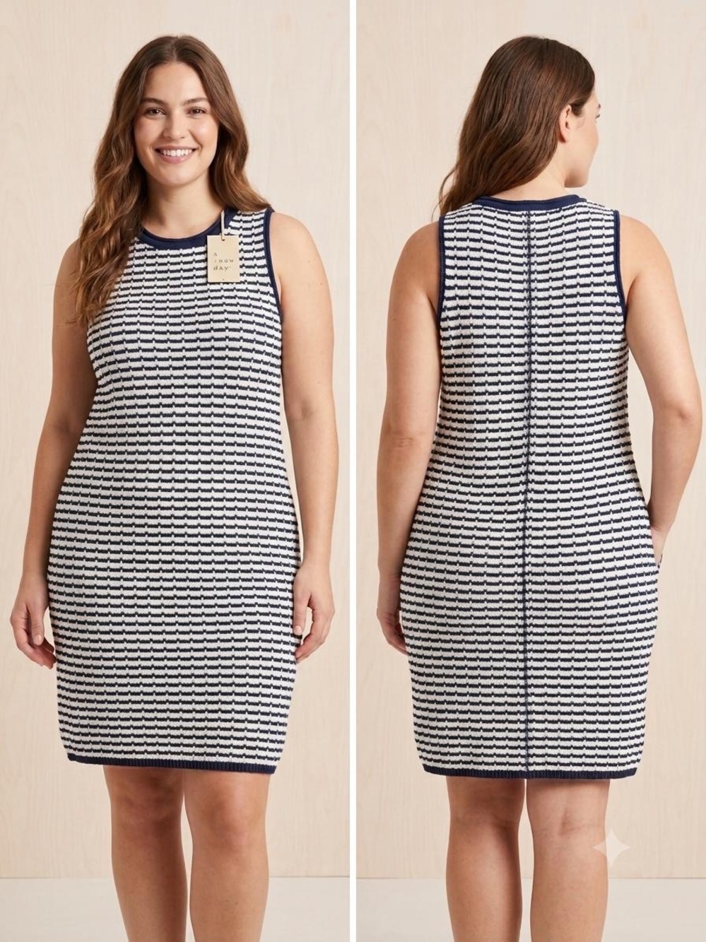 NWT A New Day Navy Blue White Textured Knit Sleeveless Dress Size L Summer Midi